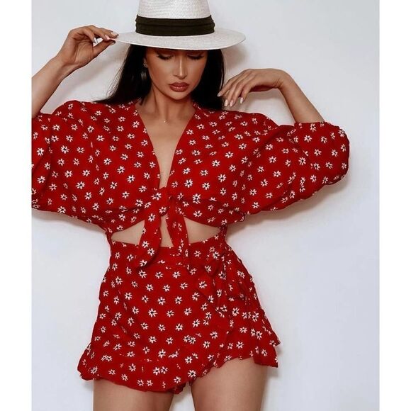 Linen Blend Red Set Zara Skort and Top new - Picture 3 of 15